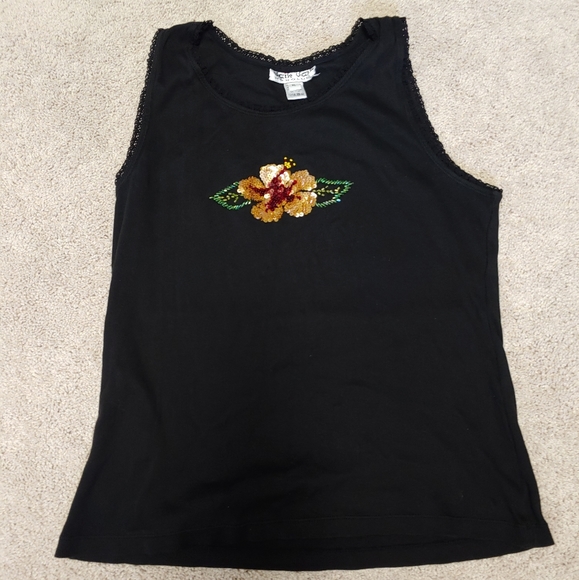 Sequin Flower Beaded Ribbed Black Tank 2pc - Picture 7 of 8